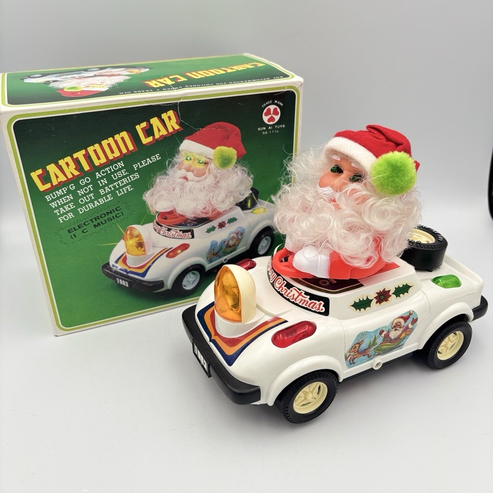 Vintage Santa Claus Cartoon Toy Car Bump N Run, Christmas Music, Lights ~ Works
